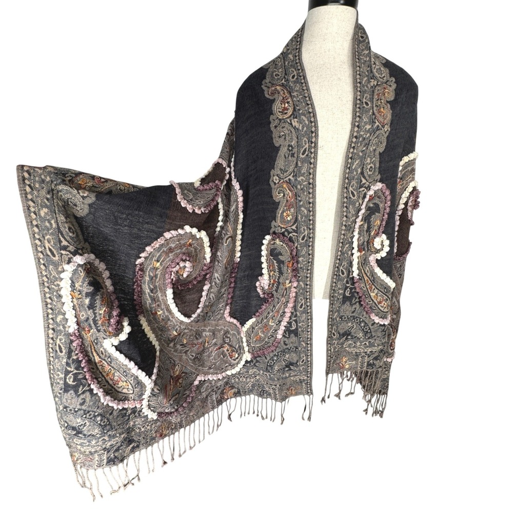 Boho Paisley Popcorn Textured Fringe Wrap Shawl Scarf Charcoal Brown Pink Gypsy